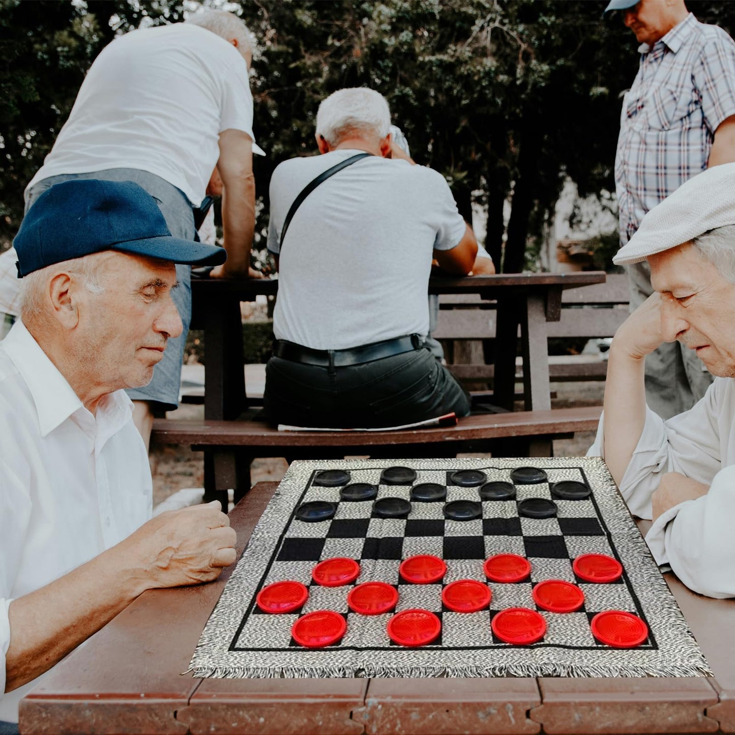 YH Poker 3 in 1 Giant Checkers Set and Tic Tac Toe Game with Reversible Rug - Indoor and Outdoor Board Game for Family, Great for Camping, Backyard