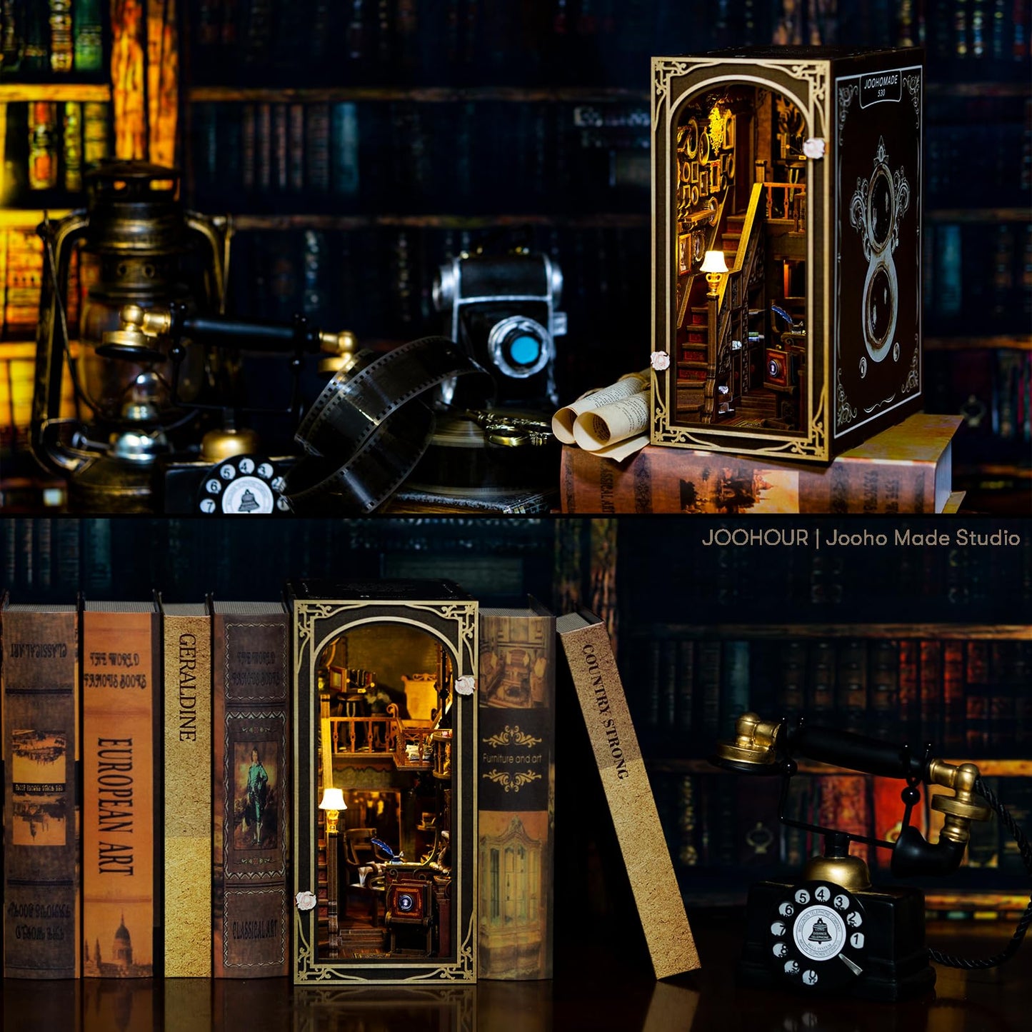 JOOHOUR DIY Book Nook Kit, Dollhouse Miniature, Booknook Bookshelf Insert Alley 3D Wooden Puzzle, Bookends Model Building Kit with LED Light, Gift