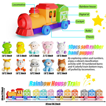 Toddler Learning Toys for 1 2 3 Year Old, Farm Animal Train Set with Counting Sorting Matching, 10 Farm Animals, Finger Puppets & Barns, Easter