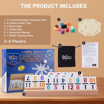PUREPLAY Mexican Train Dominoes Set with Numbers - Double 12 Colored Number Dominoes - 91 Tiles, 9 Trains, 4 Wooden Trays & Storage Bag for 2-8