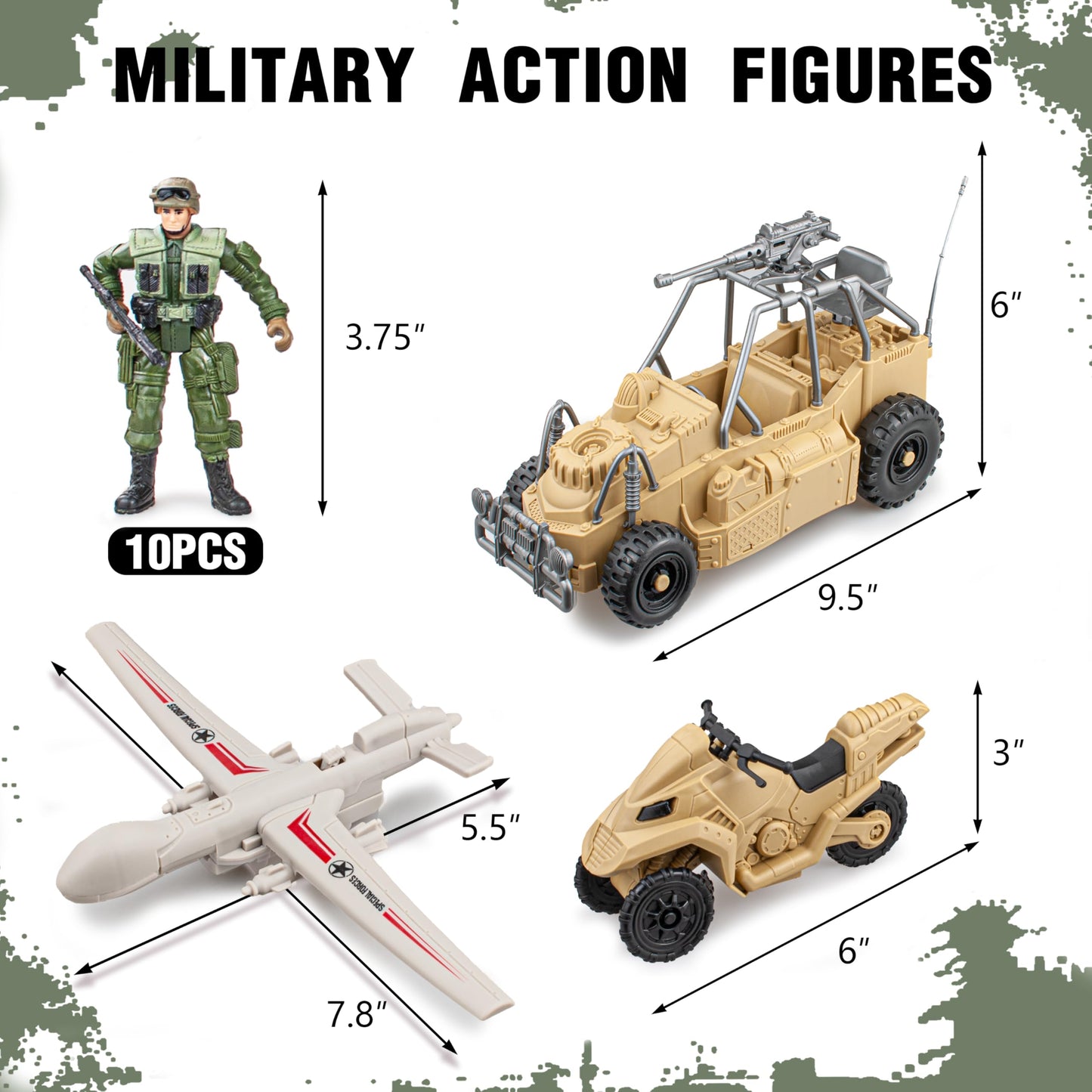 SYUUKH 10PCS US Army Men Action Figures with SWAT Team, K9 Dog, ATV, Drone, Motorcycle & 14 Weapons - Military Action Figures, Army Toys, Toy Soldiers