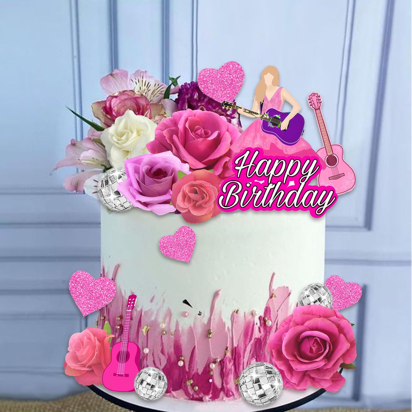 18 PCS Music Cake Toppers Pink Birthday Cake Topper and Guitar Flower Cake Topper for Music Birthday Decorations Supplies
