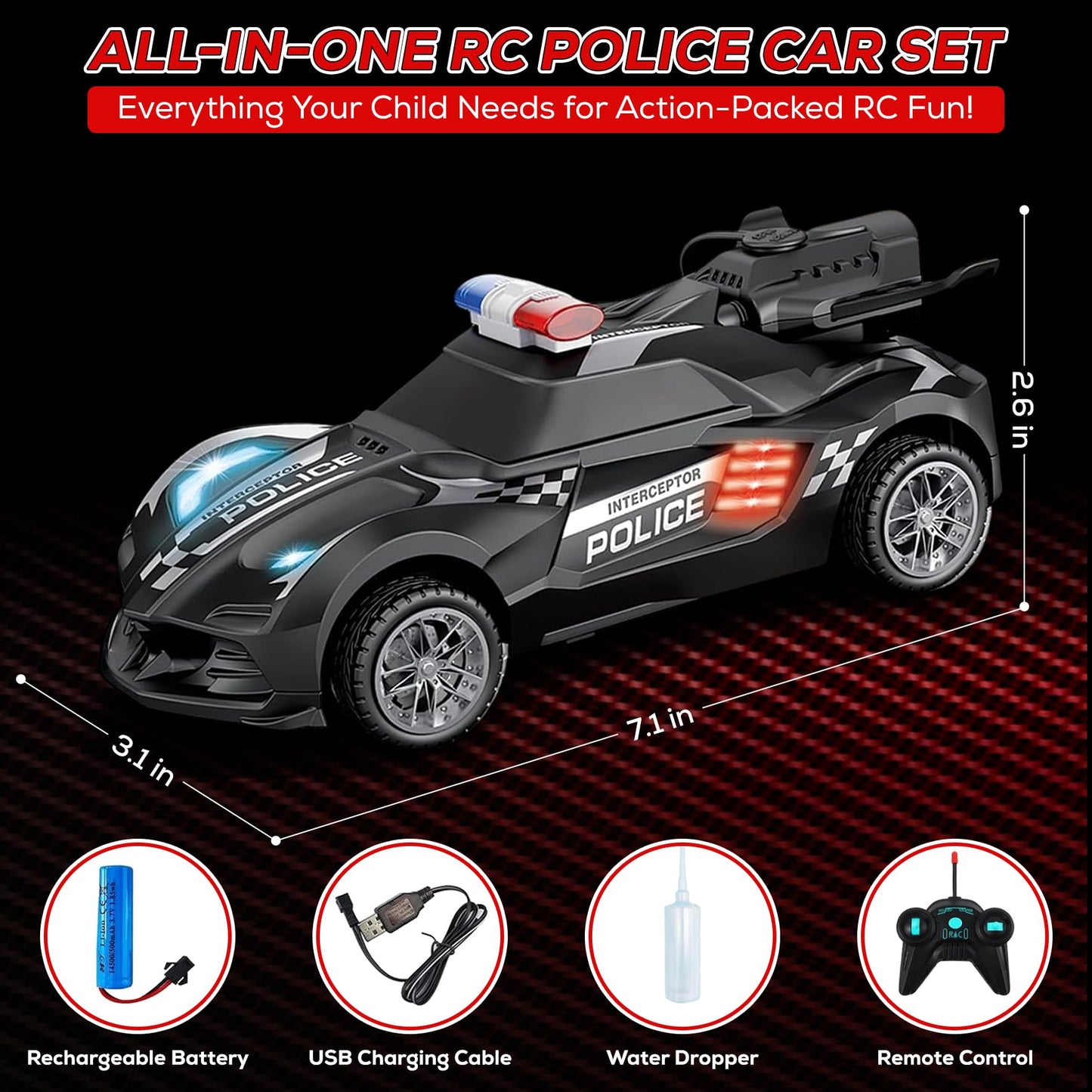 TOOTY TOY Remote Control Police Car Toy with Smoke Effect & LED Lights, Fast Rechargeable RC Car for Kids, Anti-Slip Rubber Tires, Cool Police Toys