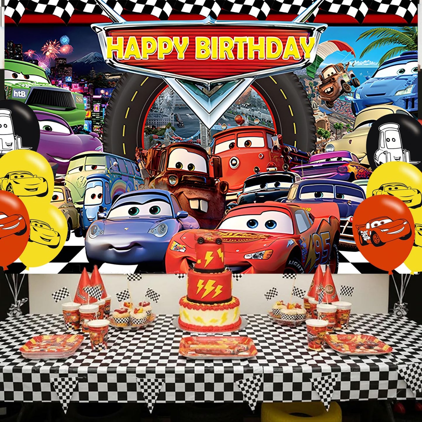 Cartoon Race Car Birthday Party Decoration,Lightning Party Photo Background 5 x 3 FT and 18 Pcs Balloon,Merch Party Backdrop Supplies