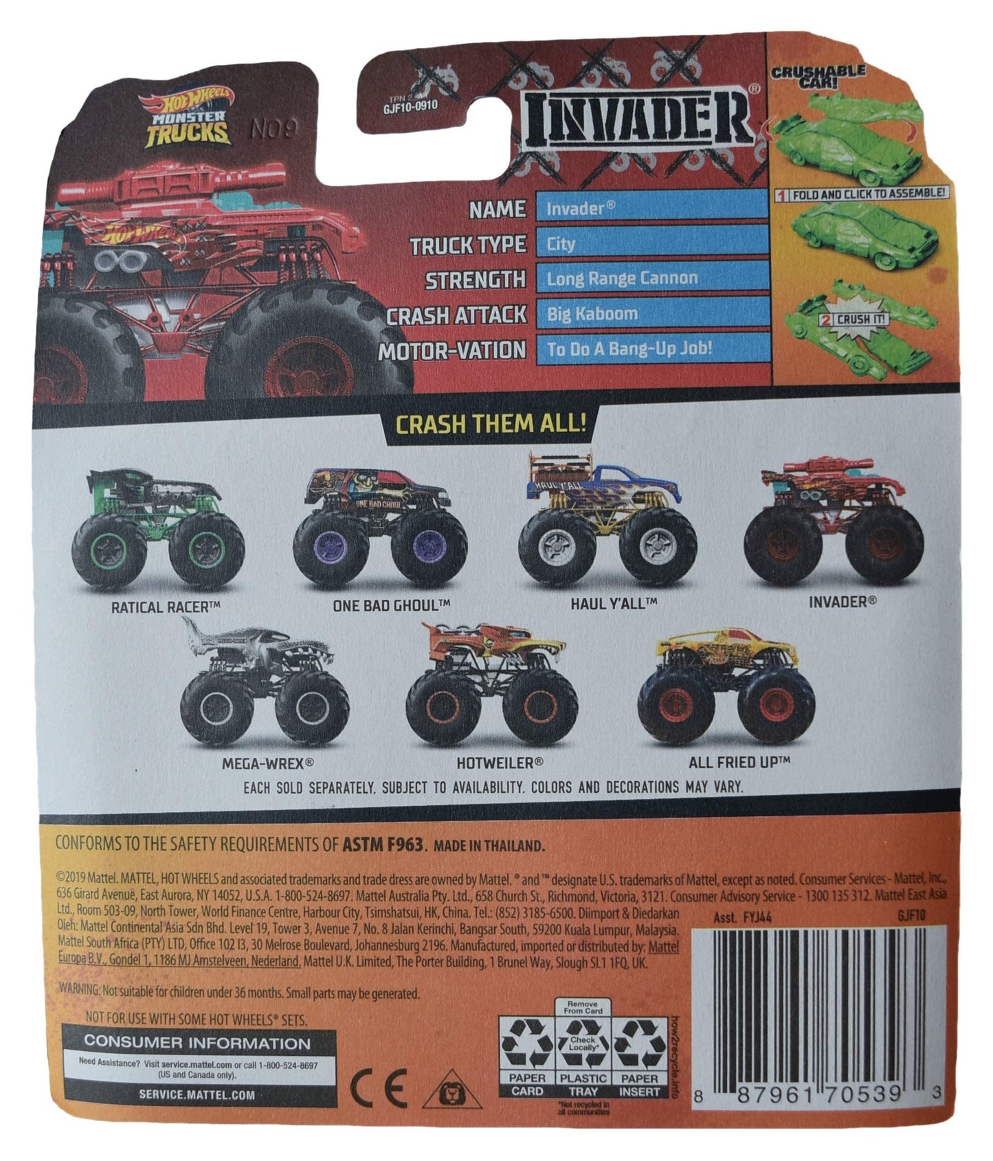Hot Wheels Monster Trucks Invader - Includes Crushable Car - red