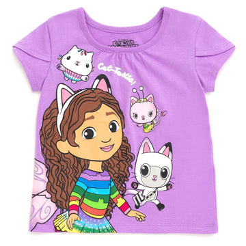 DREAMWORKS GABBY'S DOLLHOUSE Little Girls T-Shirt Tulle Mesh Skirt and Scrunchie 3 Piece Outfit Set Purple/Rainbow 7-8