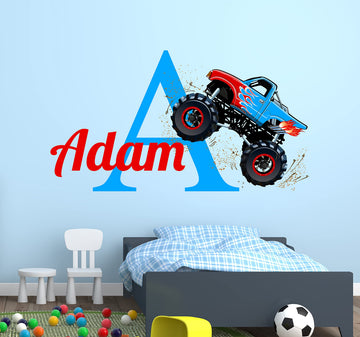 Decalzone Inc Personalized Monster Truck Wall Decal - Monster Truck Wall Decor - Nursery Monogram Truck Theme Kids Bedroom Decor Baby Boy Room Vinyl