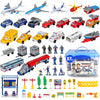 57 PCS Commercial Airport Playset with Airplane Toys, Play Vehicles, Fire Trucks, Police Cars & Figures, and Accessories in Storage Bucket for Kids