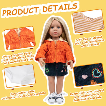 Rakki Dolli Doll Clothes Set Fashion 4 Pieces Includes Warm Hooded Coat, T-Shirt, Jeans Skirt & Underpants, Handmade Party Dress Casual Wear Fits 18
