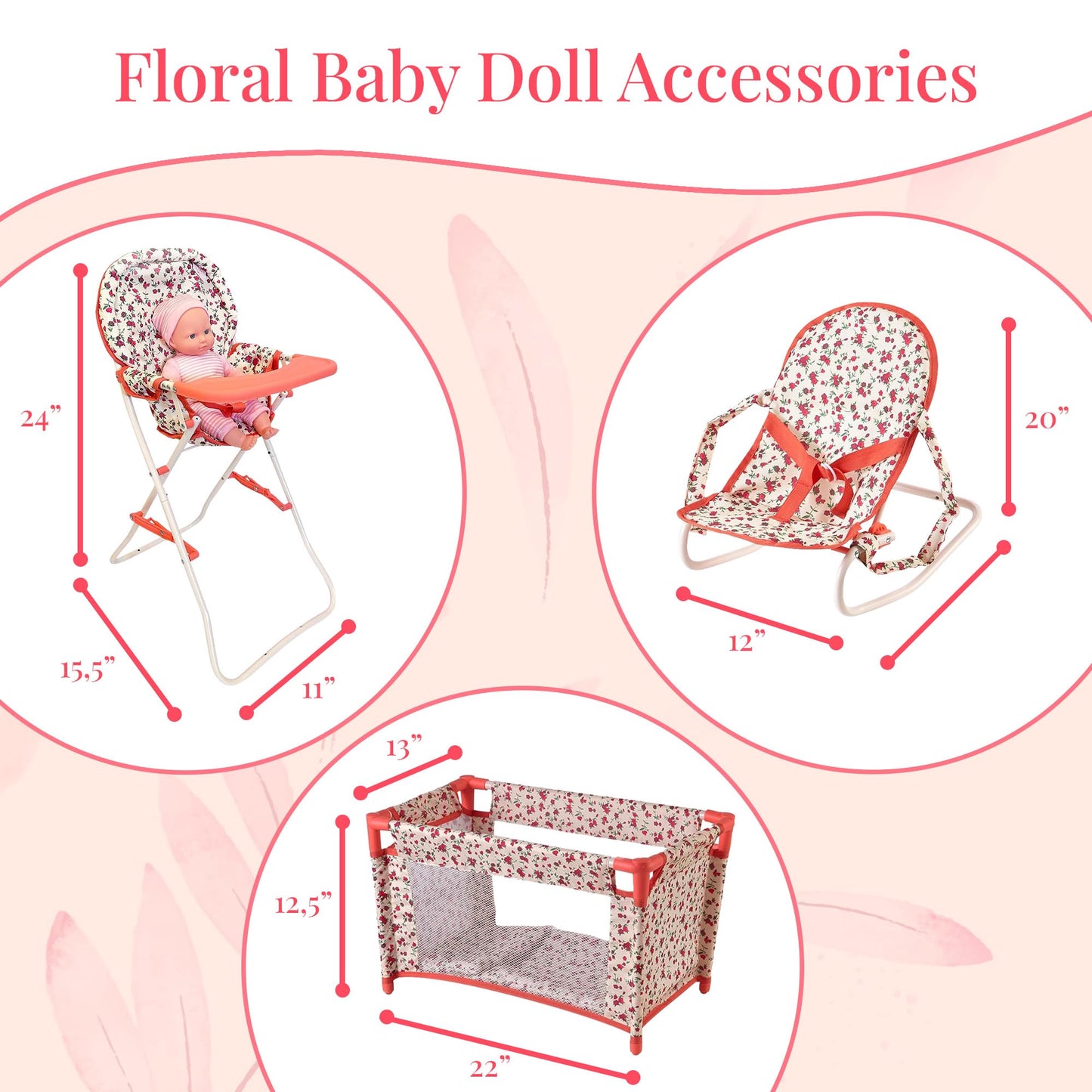 Floral Baby Doll Accessories Set, 3-1 Baby Doll Crib, Baby Doll High Chair & Bouncer Seat. 18 inch Doll Accessories with Doll Bed. 18" Dolls Furniture