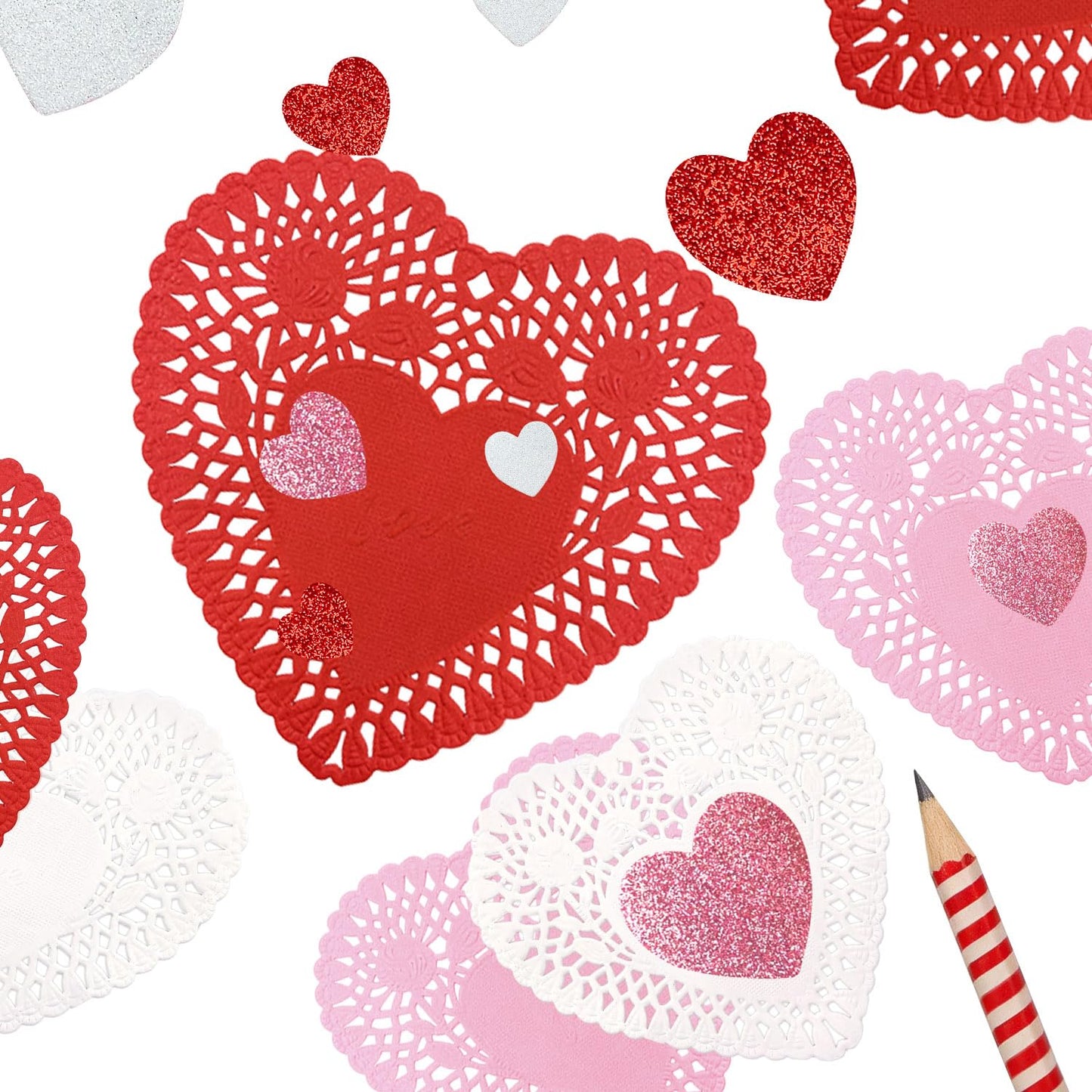 mufanyu 256 Pcs Valentines Day Crafts Gifts Set with 100 Heart Doilies, 2 Bags Foam Heart Stickers for Valentines Day Wedding Party Decor DIY