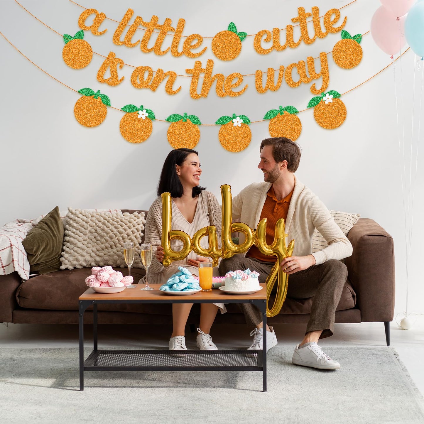 Glitter "A Little Cutie Is On The Way" Banner with Citrus Garland, Orange Fruit Baby Shower Decoration, Tangerine Themed Gender Reveal Summer Photo