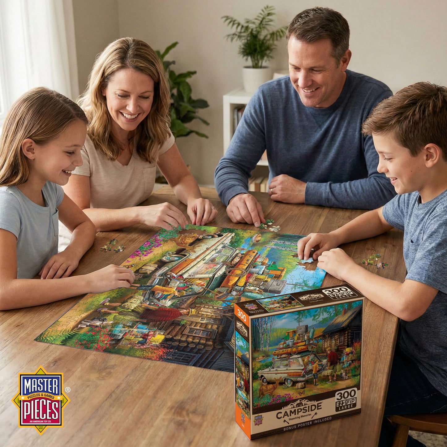 MasterPieces 300 Piece EZ Grip Jigsaw Puzzle - Unpacking Memories - Large Pieces for Adults & Family, 18" x 24", Retro Summer Cabin Theme