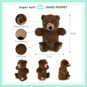 DolliBu Brown Bear Plush Hand Puppet - Super Soft Stuffed Animal Brown Bear Puppet Toy for Kids, Educational Cute Plush Puppets for Teaching, Games