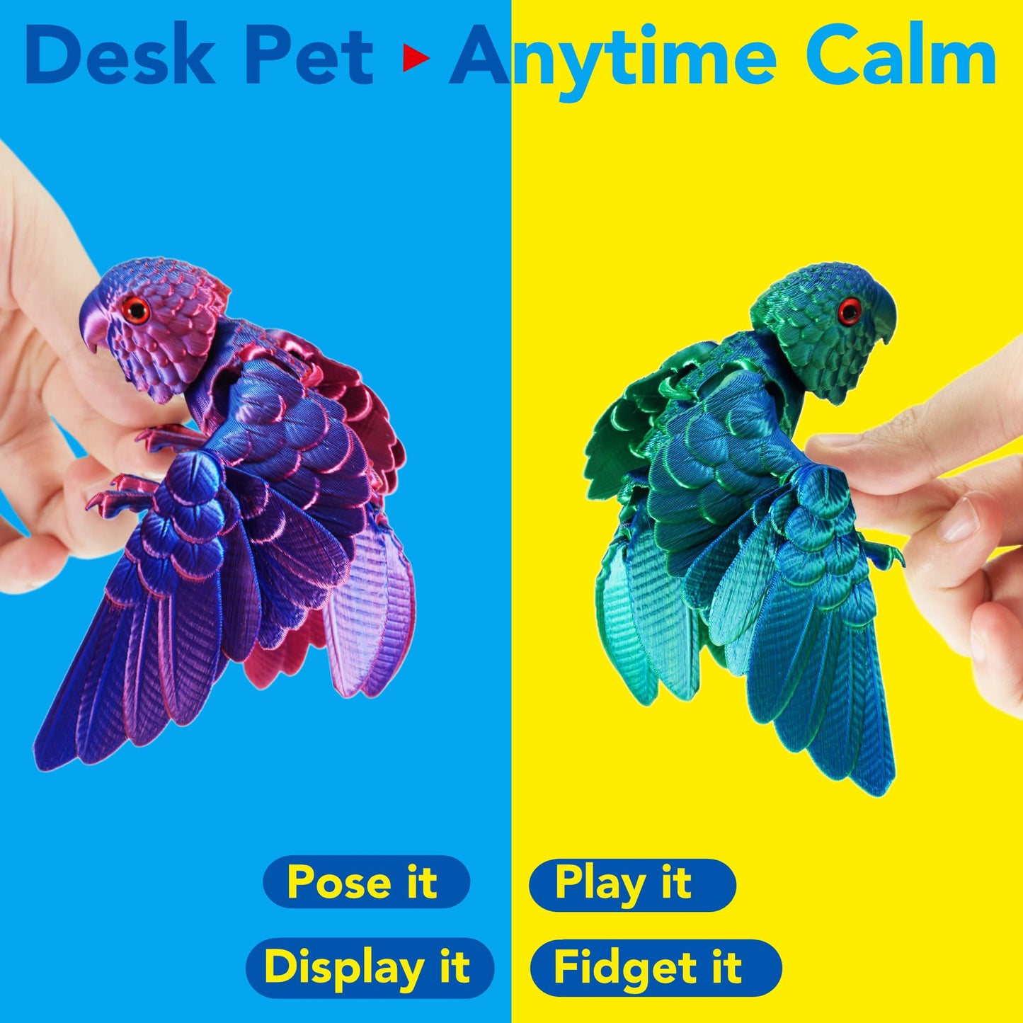 Maxdecoer 3D Printed Articulated Parrot Figure with Movable Wings, Flexible Joint Bird Desk Fidget Toy, Colorful Collectible Home & Office Decor Gift