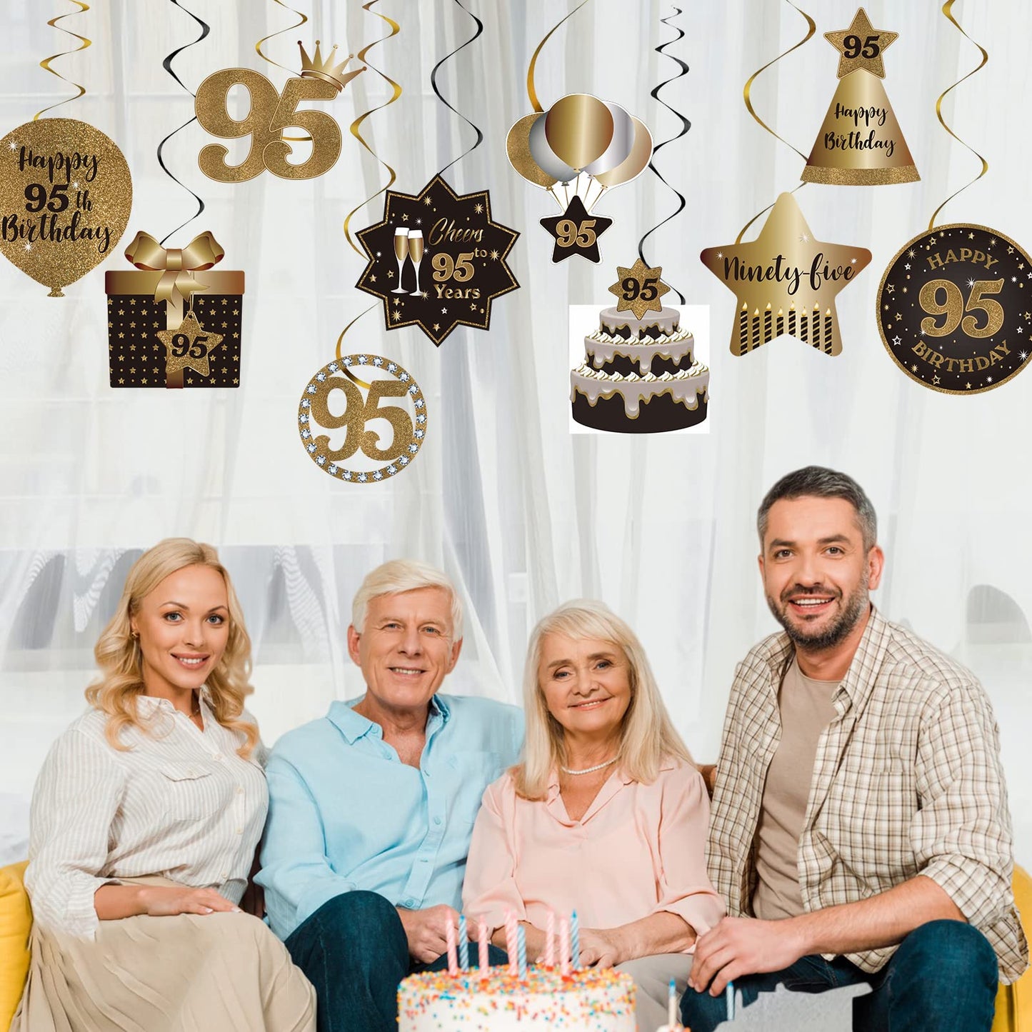 Happy 95th Birthday Party Hanging Swirls Streams Ceiling Decorations, Celebration 95 Foil Hanging Swirls with Cutouts for 95 Years Old Black and Gold