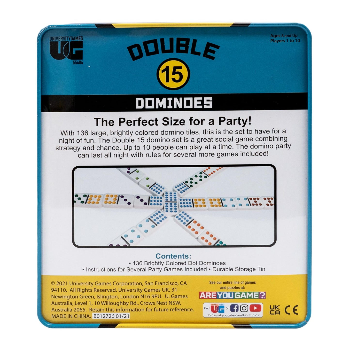 Front Porch Classics, Double 15 Color Dot Dominoes Set On-the-Go Travel Storage Tin, 2 to 12 Players Ages 8 to 99