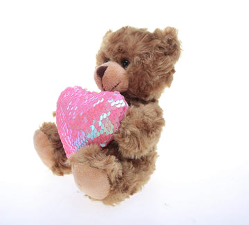 Plushland Stuffed Mocha Heart Bear - Plush Bear Toy for Kids & Adults - Embroidered Heart Pillow - Brown-6 inches (Pink Heart)
