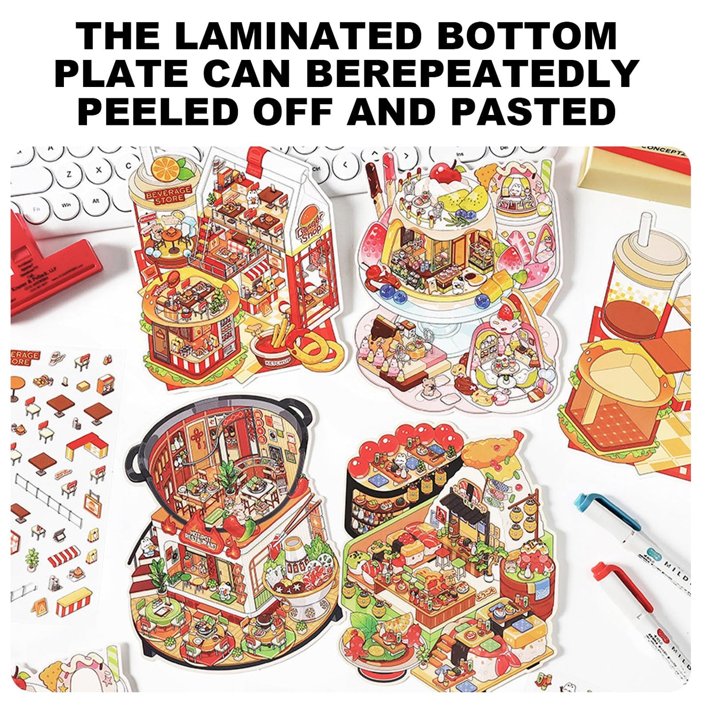ZSYTZL 4 Sheets 3D DIY Stickers Scene, Cute Miniature Global Food Sticker Waterproof Quiet Book with Tweezers Decorating Phones Handbooks Bottle