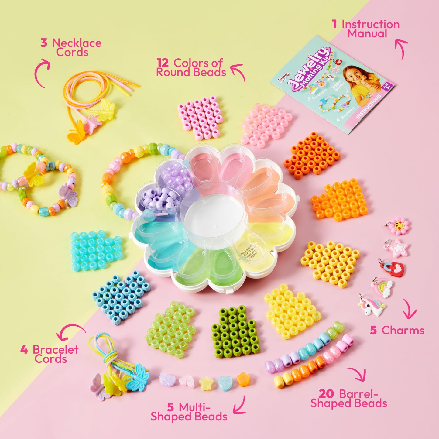 JOVA Klever Kits Jewelry Making Kit, Bracelet Making Kit with Bead, Kids Jewelry Bracelet Kit, DIY Kit with 350+ Colorful Beads, Flower-Shaped Storage