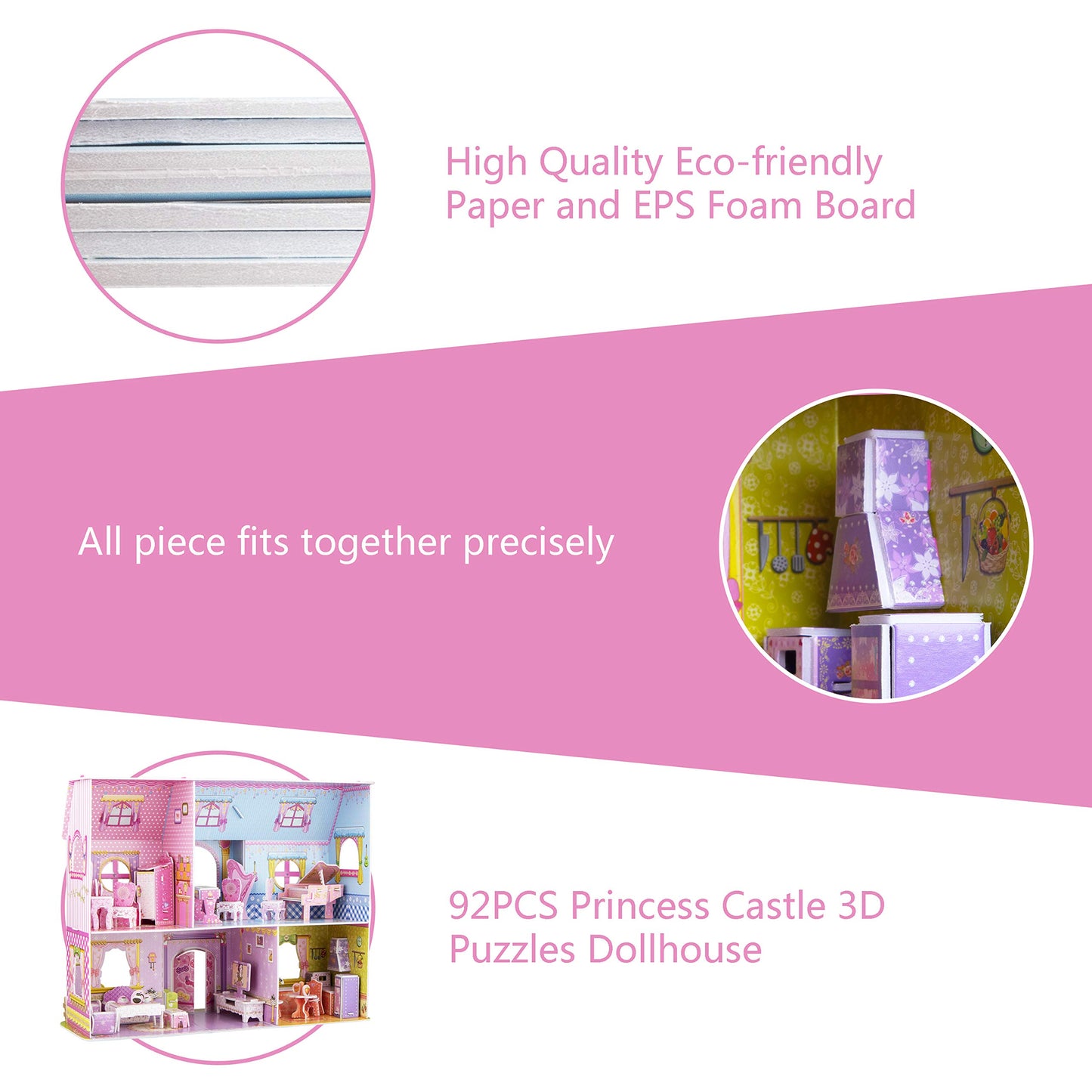 WISESTAR Large Princess Castle 3D Puzzles Model Dollhouse Kits for Girls, 92PCS Fairytale House with Furniture, Educational Toy Birthday for Kids