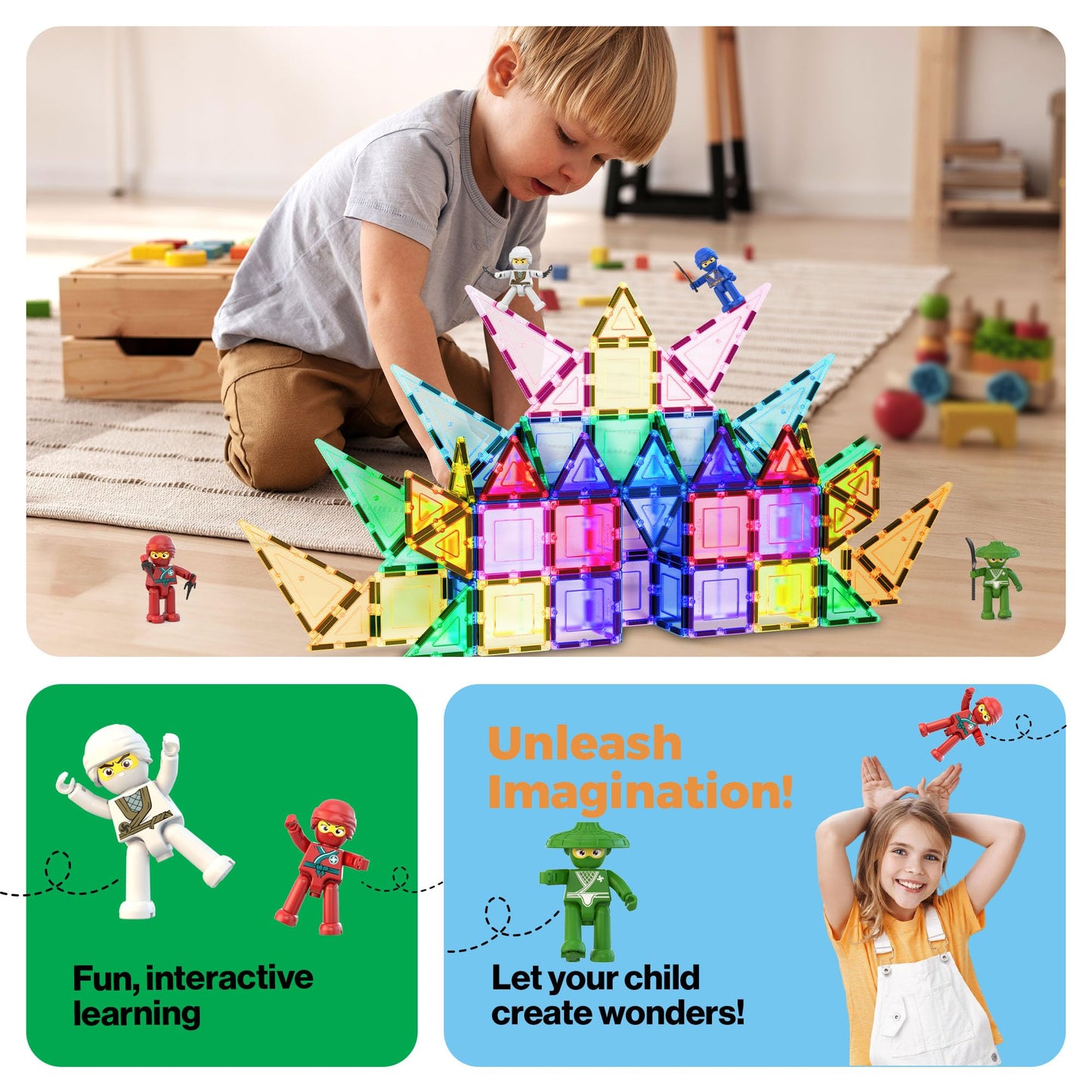 PicassoTiles Ninja Action Characters for Magnetic Tiles Building Block Toy Sets Accessory Add On Kit for Magnet Tile Playsets for Toddlers Boys Girls