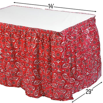 Fun Express Red Bandana Print Plastic Table Skirt for Rectangle Tables 6ft 8ft - Disposable Table Skirting with Adhesive for Western Party Table Decor