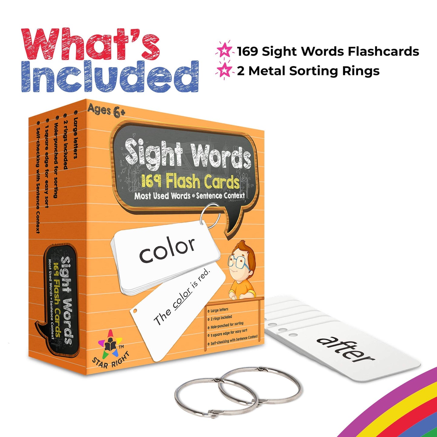 Star Right Education Sight Word Flash Cards, 169 Sight Words and Sentences with 2 Rings