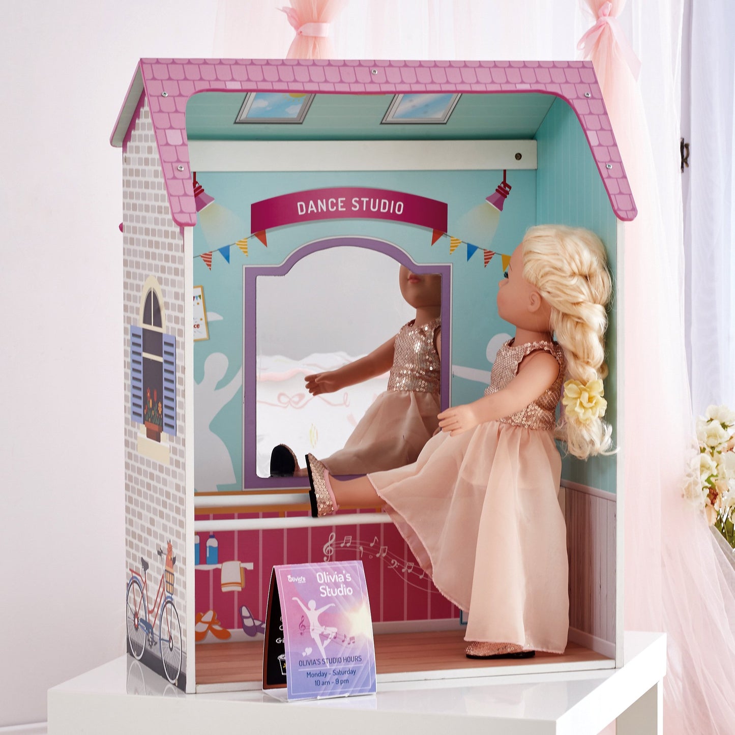 Olivia's Little World 18" Doll 4 Scenes Dollhouse with 7 Accessories | Convertible Wooden Play House | TD-12641C