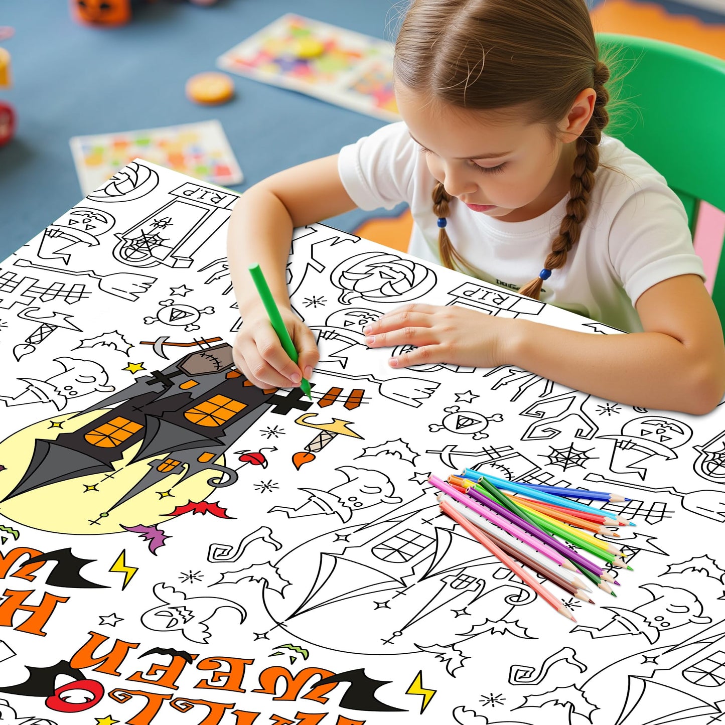 Labeol 2 Pack Halloween Tablecloth, 108"x 54" Halloween Coloring Tablecloth for Kids, Pumpkin Ghost Bat Castle Coloring Table Cover for Winter Party