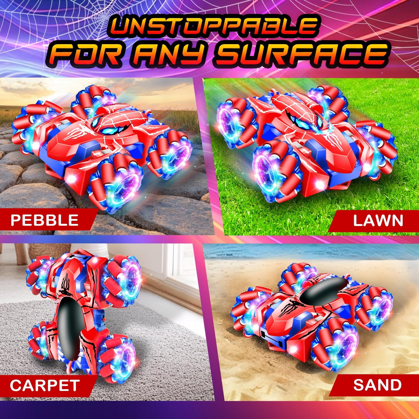 GDRic Spider Remote Control Car, 2.4Ghz Rechargeable Rc Cars 360° Rotating 4WD Stunt Car with Cool Lights | Double Sided Drift | Indoor Toys for Kids