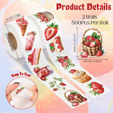 Summer Strawberry Roll Sticker for Kids- 1000Pcs Strawberry Decals in 2 Rolls, Summer Fruits Ice Cream Cake Drink Dessert Vinyl Stickers for Birthday