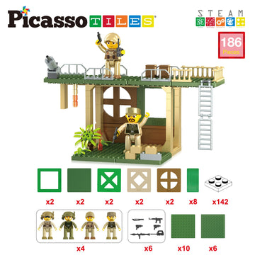 PicassoTiles Magnet Tile Building Brick Blocks Military Combat Force Theme Magnetic Tiles Construction Block Playset 4 Character Action Figures with