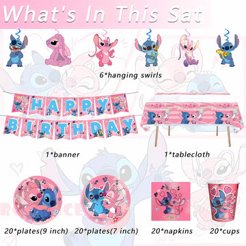 Stitch Party Supplies, Birthday Party Decorations Set Includes Banner, Plates, Napkins, Cups, Hanging Swirls, Tablecloth for Boys Girls Stitch Angel