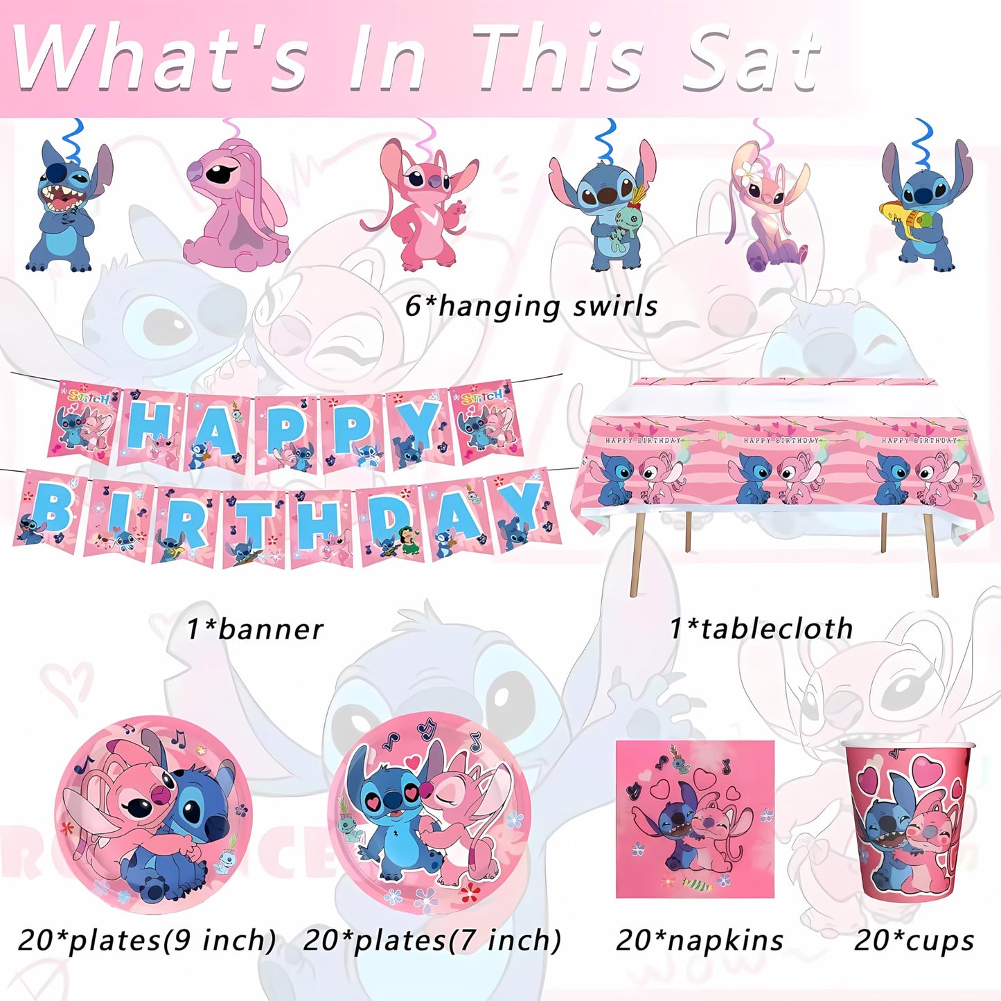 Stitch Party Supplies, Birthday Party Decorations Set Includes Banner, Plates, Napkins, Cups, Hanging Swirls, Tablecloth for Boys Girls Stitch Angel