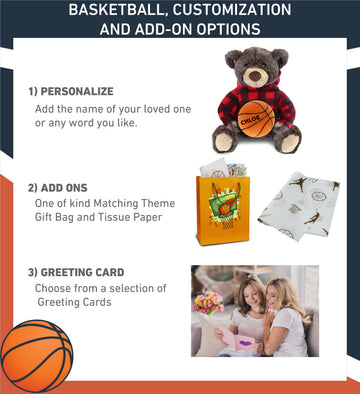 DolliBu Brown Bear Stuffed Animal with Basketball Plush - Super Soft Huggable Bear with Red Plaid Hoodie, Plush Toy Wildlife Gift for Kids and Adults