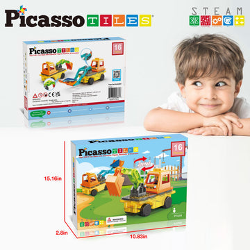 PicassoTiles Magnet Tiles Building Block 2-in-1 Excavator & Backhoe Brick Compatible Construction Playset with Car Base Magnetic Character Action