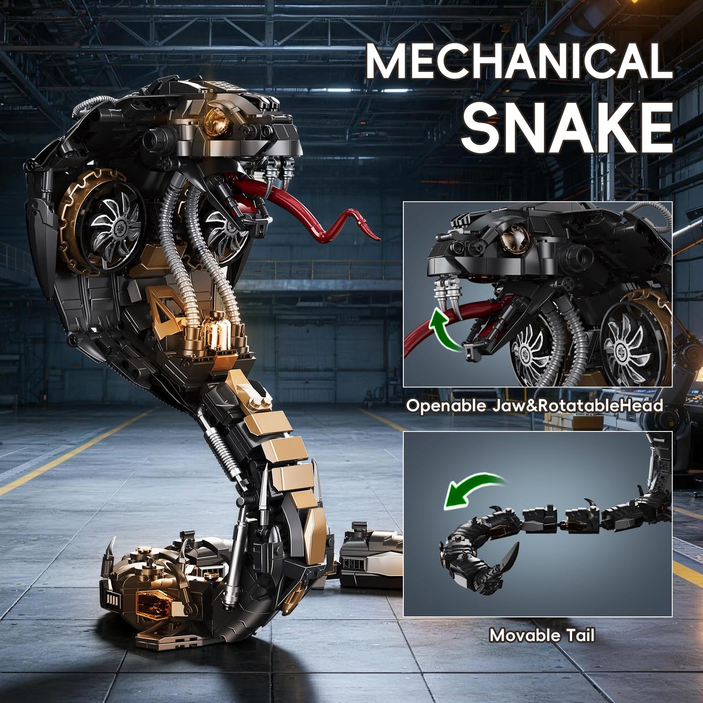 GHQYTPR Mech Snake Building Blocks Set 1036 Pieces Steampunk Black Mamba King Cobra Model Kit Articulated Reptile Construction Toy Cyberpunk Home