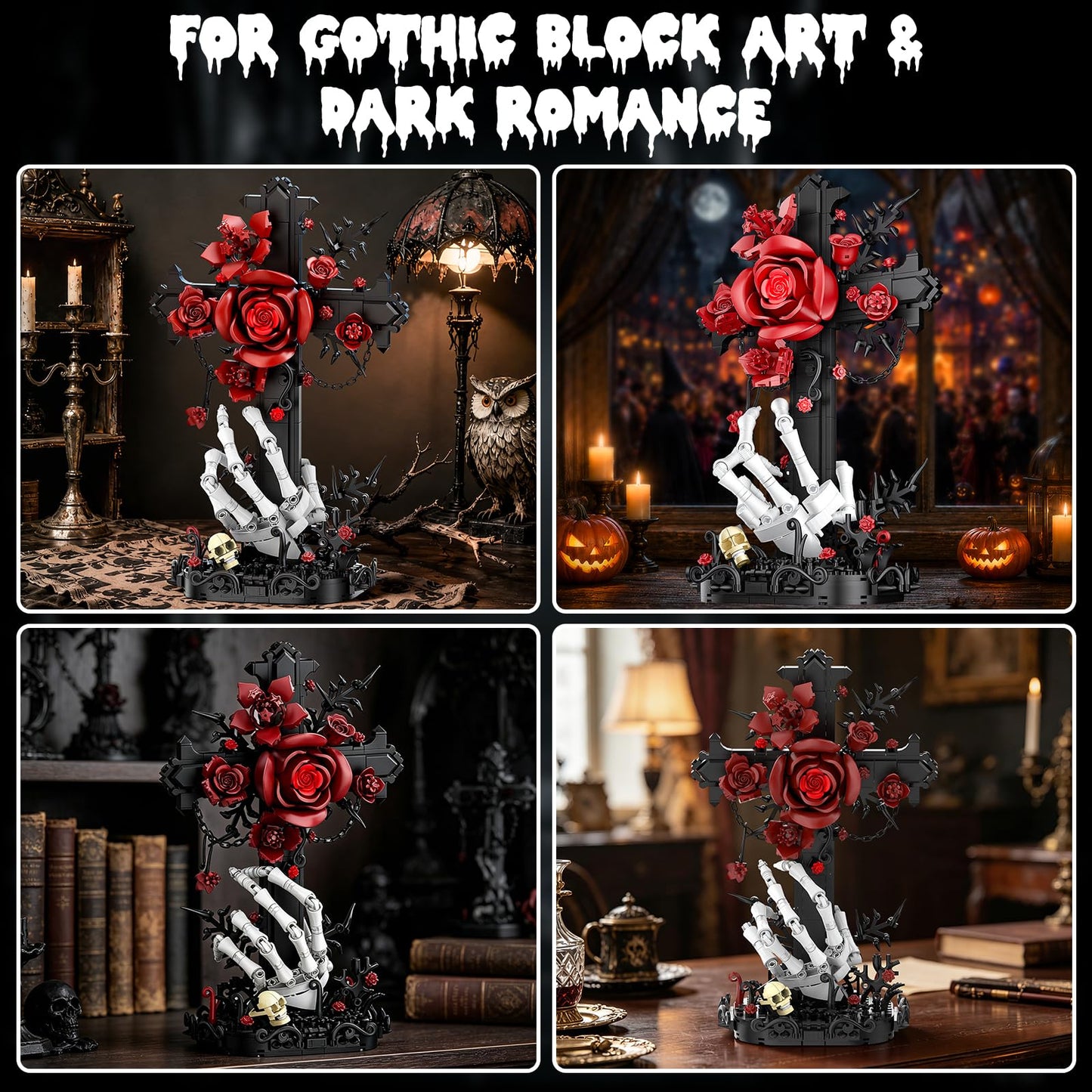 Tenhorses Gothic Rose Cross Building Set for Adults, Skull Hand Flower Crucifix Model Toys, Skeleton Horror Home Decor, Ideal Halloween Christmas