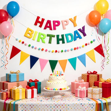IKMVZM Felt Happy Birthday Banner Set, Pre-Strung 3D Happy Birthday Banner with Pom Pom Garland & Triangle Bunting, Colorful Reusable Birthday Party