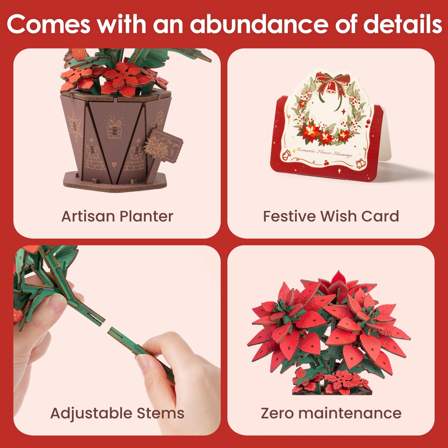 ROBOTIME 3D Wooden Poinsettia Puzzle - with Flower Pot Base, Adjustable Stem, Christmas Home Desk Decor, DIY Craft Kit for Adults
