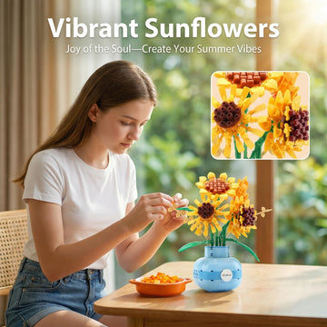LUKHANG Sunflower Building Block Set with Vase, Artificial Flower Plant Bonsai Collection for Adults, Creative Home & Office Decor, Gift for Mother's