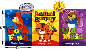 Matty's Toy Stop Deluxe Jumbo Classic Playing Card Games Set (6.75" x 4.75") Featuring Go Fish, Old Maid & Animal Rummy - 3 Pack
