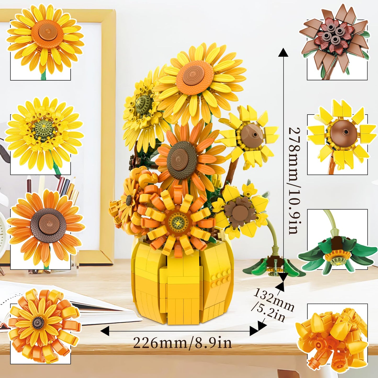 Mavo brix Flowers Building Sets for Adults, Van Gogh Prints Art Botanical Collection, Sunflowers Pot Bouquet Plants Kits Compatible with Lego Flowers