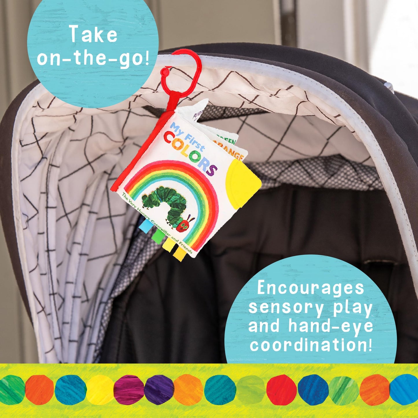 Eric Carle My First Colors Soft Book & 6" Plush Caterpillar Set - Sensory Toy with Crinkle and Teether - Ring for Car Seat and Stroller