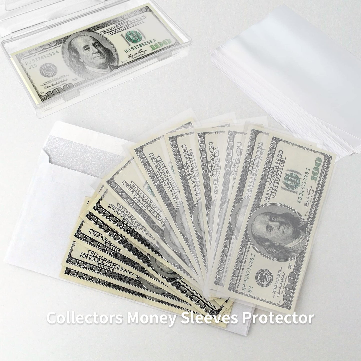 KEJJNYER 5 Pack Currency Sleeves Storage Case with 500 Pieces Dollar Bill Holder, Clear Plastic Paper Money Sleeve for Bills, Paper Currency Bill