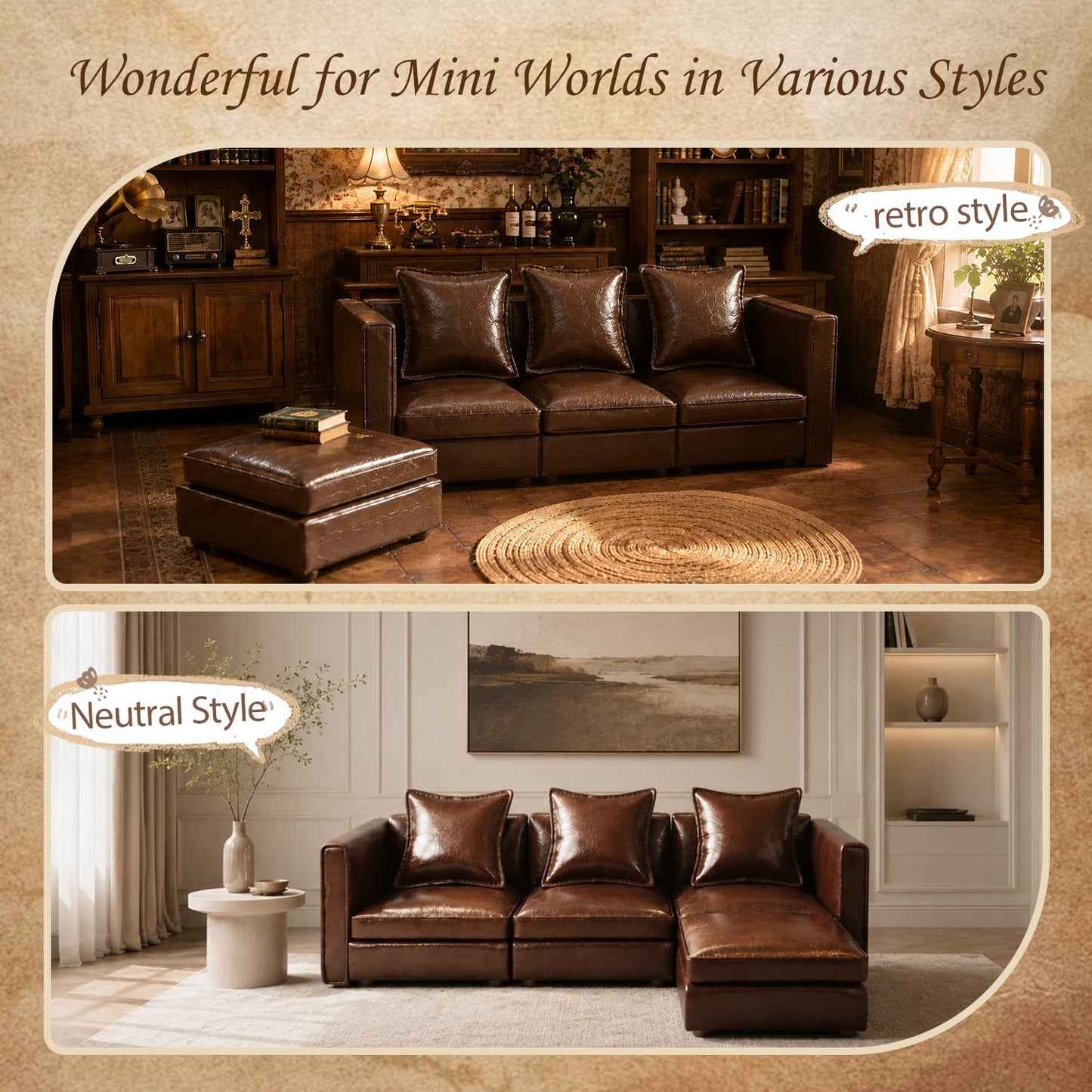 iLAND Dollhouse Furniture Sectional Dollhouse Couch Set Brown Faux Leather Sofa, Miniature Chair Doll House Furniture, Chic 1/12 Scale Miniature