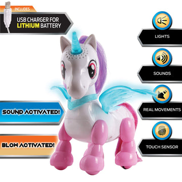 NKOK USB PetBotz - Robo Unicorn, Rechargeable, Miniature, Interactive pet Robot, Lights up, Sound Activated, Makes Noises on Command, Comes with
