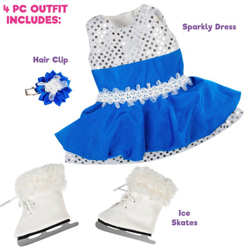 Ice Skating Doll Outfit for 18-Inch Dolls - 4-Piece Sparkle Winter Dress Set -Fits American Girl and Our Generation- Includes Sequin Skating Dress