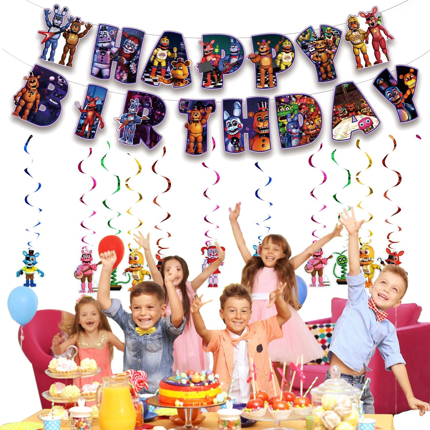 13Packs Five Nights party supplies Include 12 pcs Hanging Swirls and 1 Happy Birthday Banner for Five Nights party Decoration